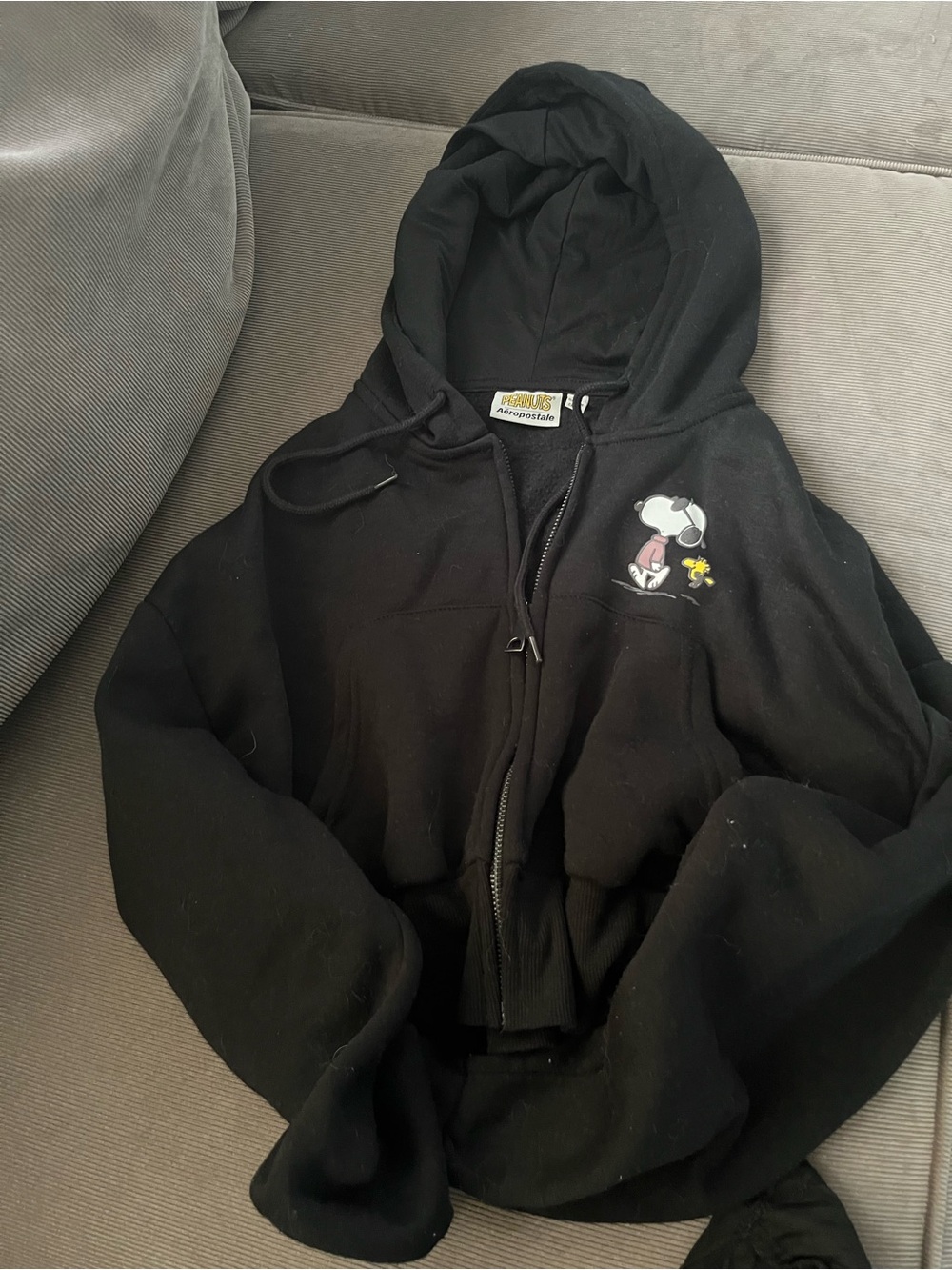 Peanuts Women’s Aeropostale Black Zip Hoodie with Snoopy & Woodstock Patch